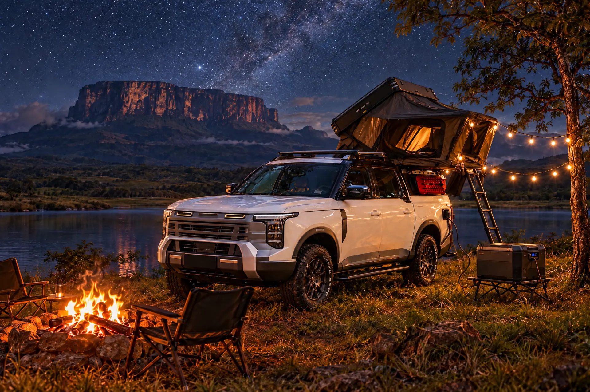 REX Z2 acampando de noche frente a un tepuy en la Gran Sabana