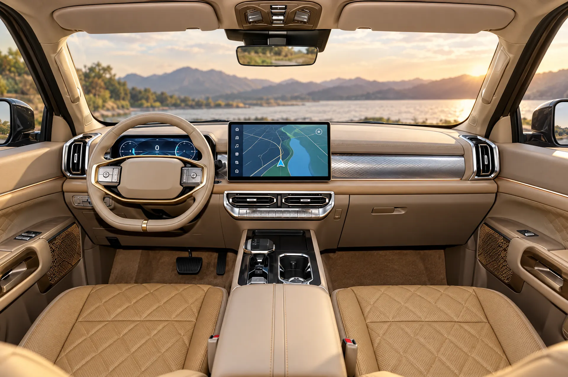Interior de la REX Z2 con pantalla central y asientos de cuero